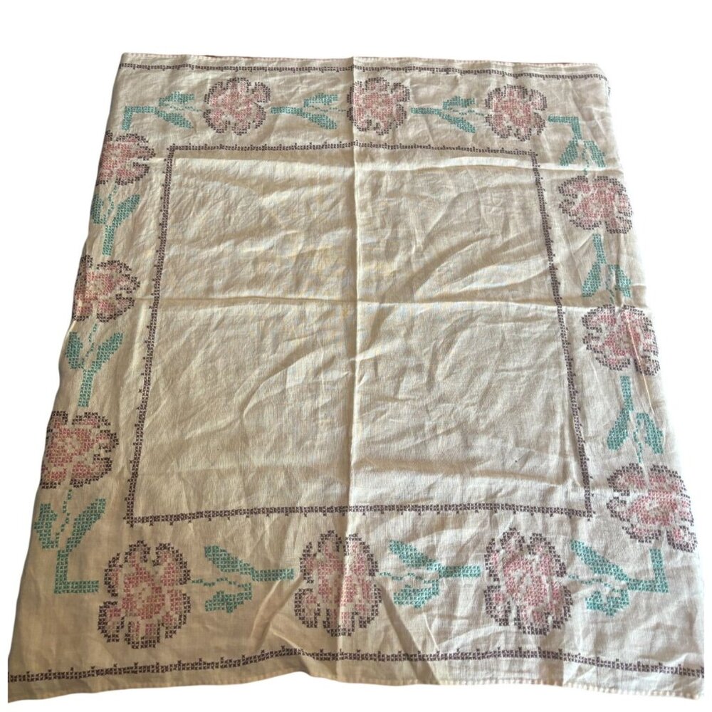 Vintage Cross Stitch Tablecloth With 4 Matching Napkins Beige Floral Design